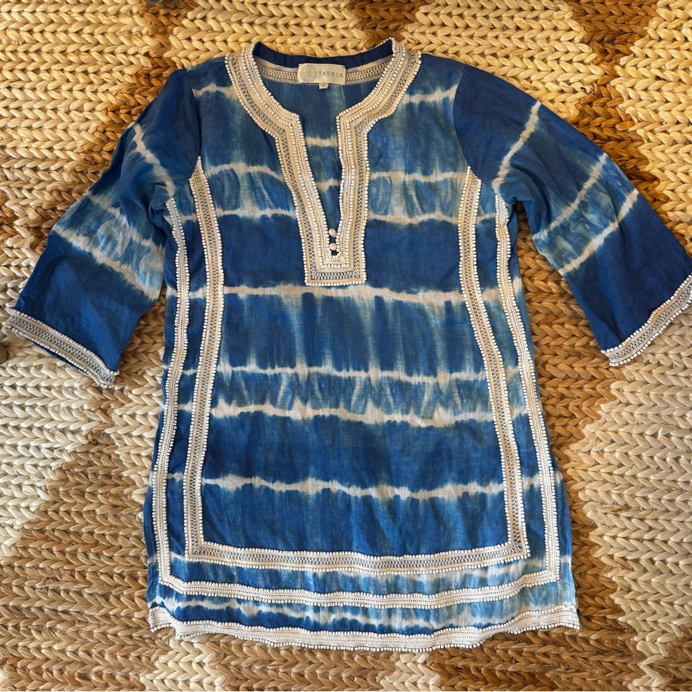Tashia Shibori Blue & White Tie-Dye Embroidered + Beaded Linen Tunic, Medium - Picture 7 of 10